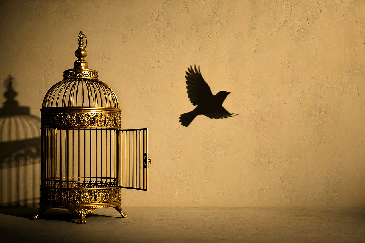 entrapment. Bird silhouette flying from gilded cage against mono